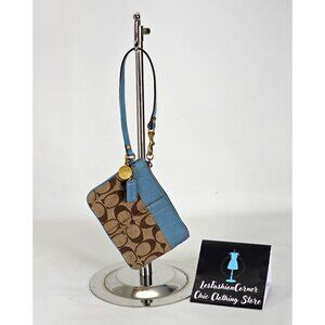 Coach Signature Wristlet Blue & Beige Leather Canvas Monogram Design 134